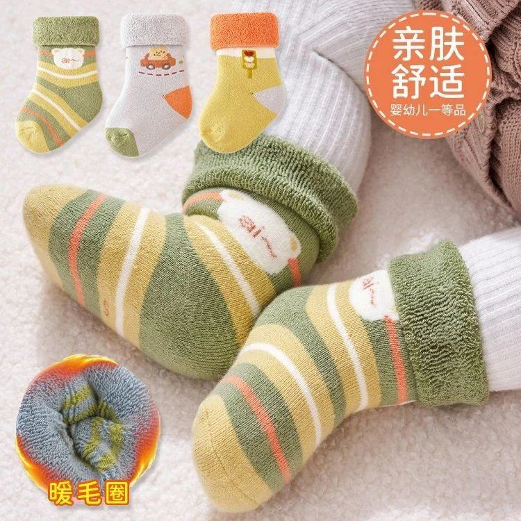 婴儿袜子冬季加厚保暖儿童袜子男女宝宝卡通可爱风毛圈中筒潮袜Y