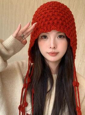 时尚川西旅游红色镂空针织包头帽子女显脸小流苏毛线帽套头冷帽Z