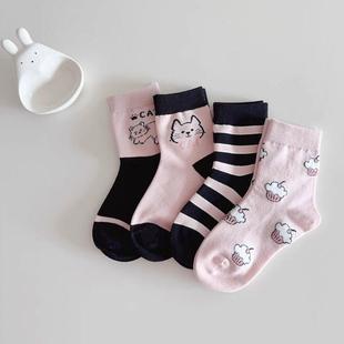女童袜子儿童公主春秋宝宝学生可爱卡通女孩棉袜秋冬小猫中筒袜L