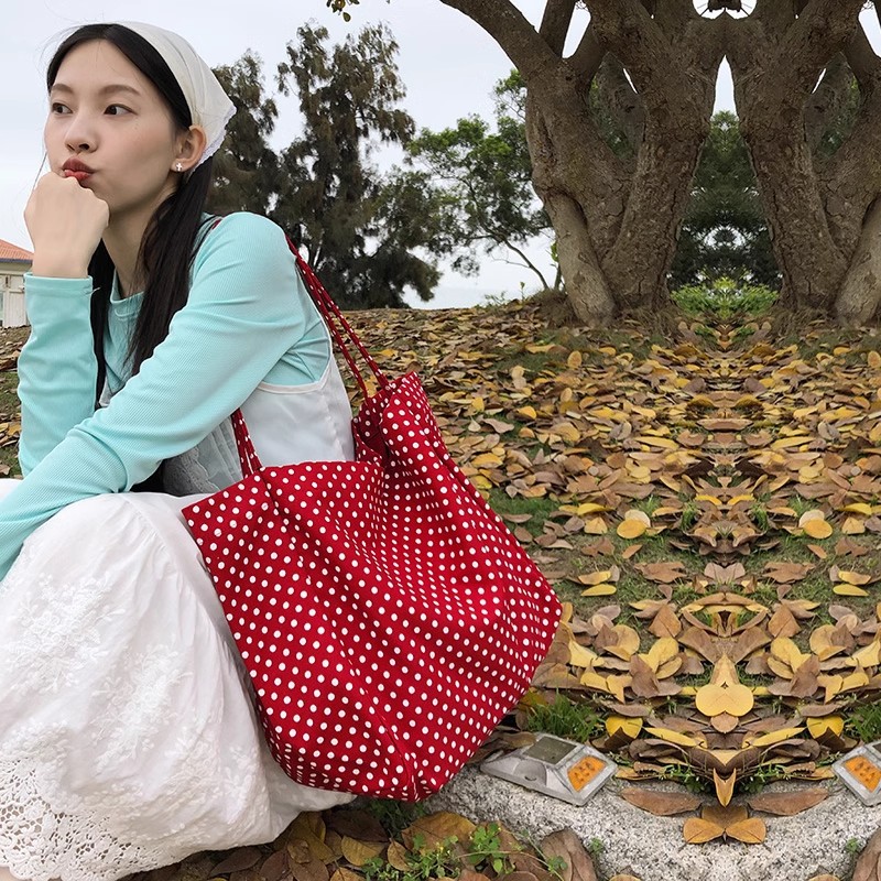 韩风ins复古红色波点帆布包女简