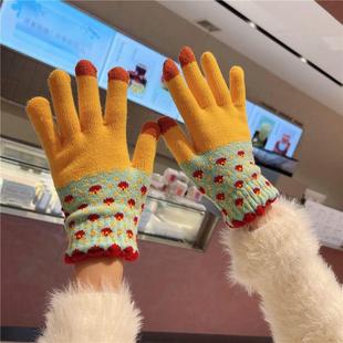 可爱小花针织手套五指女冬季 加厚保暖学生骑车防寒Q ins可触屏韩版