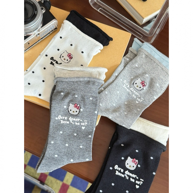 波点袜子女春夏可爱kitty撞色双罗口中筒袜韩版卡通字母潮薄款L1
