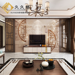 热销新中式电视背景墙实木花格护板线条边框造型瓷砖影视墙水墨山