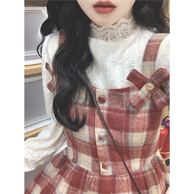 法式复古格纹毛呢连衣裙女