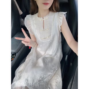 a字裙 气质高级感新中式 国风连衣裙女夏季 大码 收腰遮肚白色小飞袖
