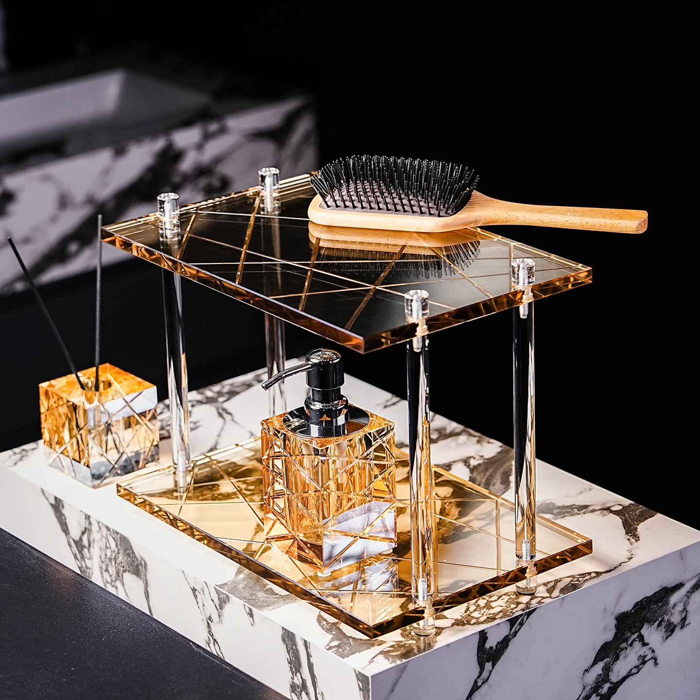 高级水晶刻线玻璃双层置物架收纳