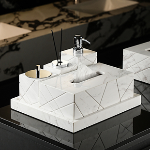 高端大理石纸巾盒洗手台桌面洗脸巾架酒店样板房抽纸盒棉签盒套装