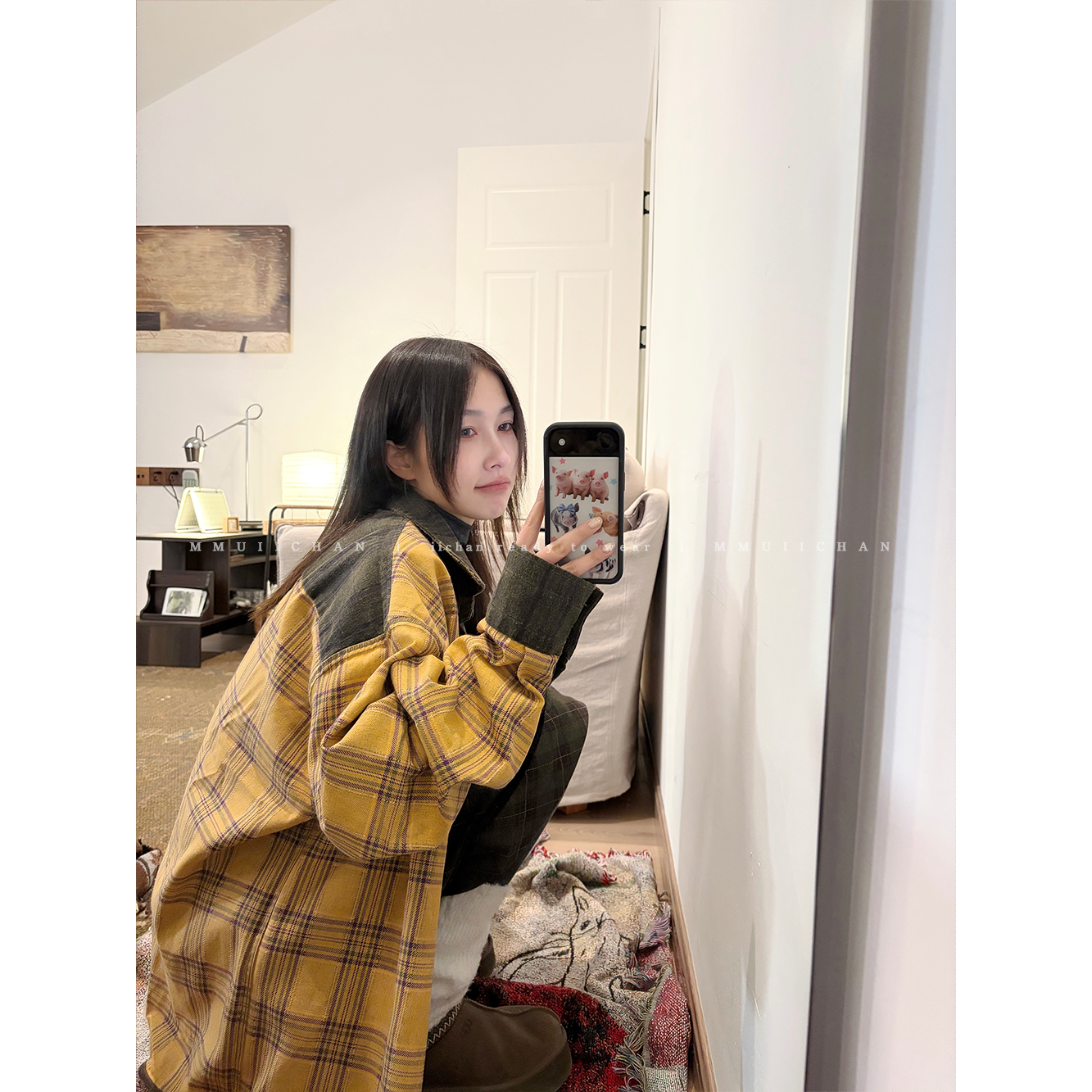 MMUIICHAN 圣诞树 正反两穿一面绿一面黄春秋厚度格子衬衫