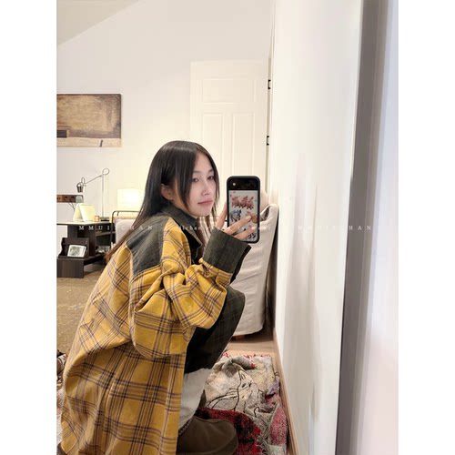 MMUIICHAN 圣诞树 正反两穿一面绿一面黄春秋厚度格子衬衫
