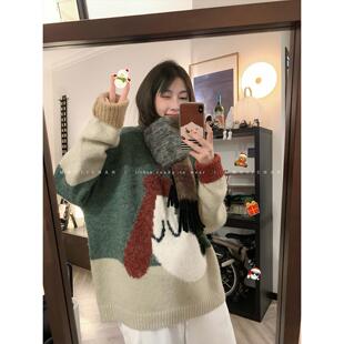 MMUIICHAN 快乐茄子狗 复古色系厚款慵懒百搭超美丽保暖撞色毛衣