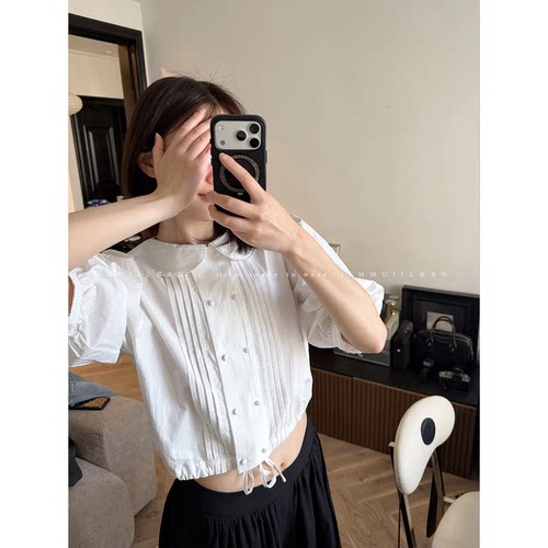 MMUIICHAN 娃娃领+公主袖 有点儿法式感的中袖衬衫 百搭基础色