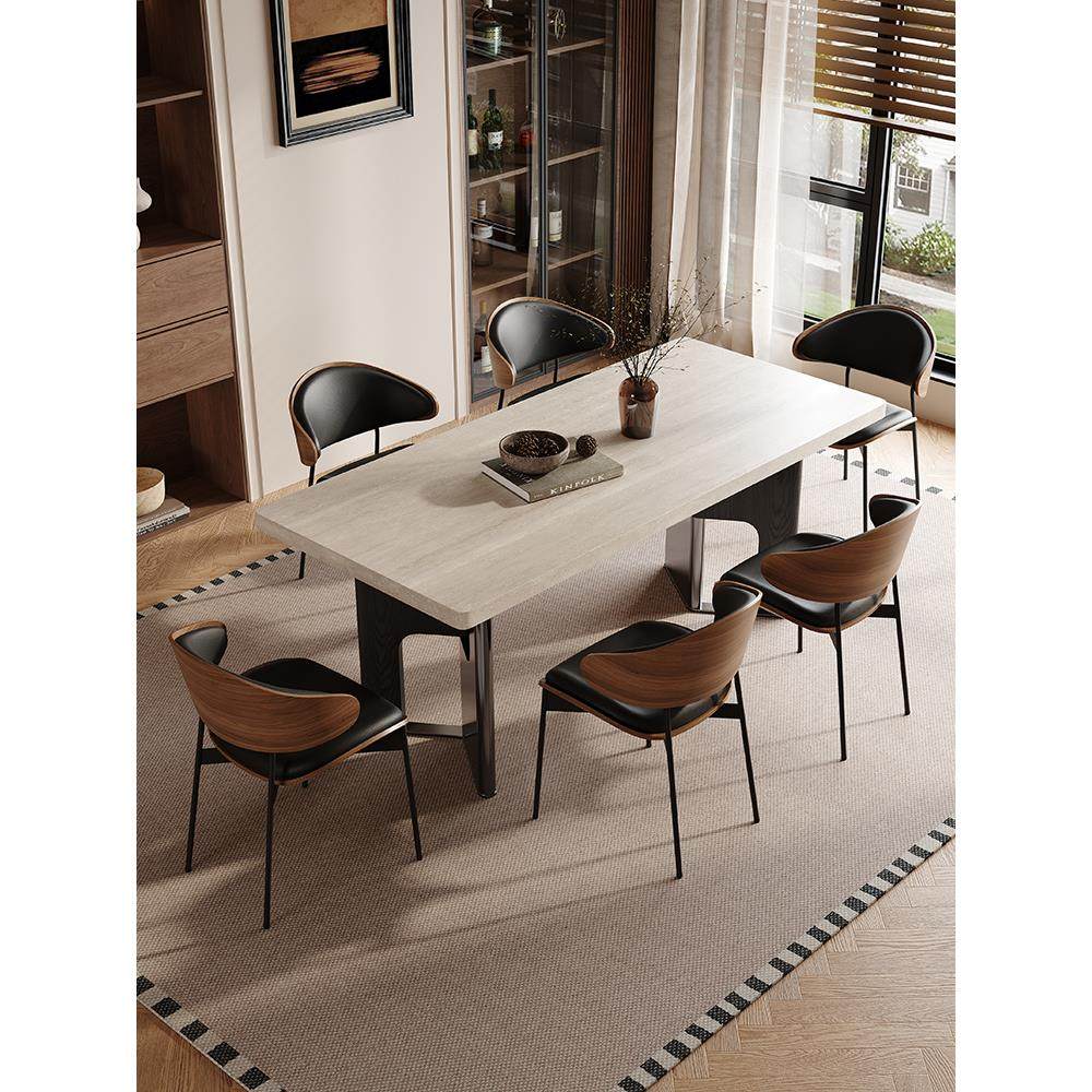 法式覆古风实木餐桌洞石岩板饭桌现代简约长方形大户型桌子