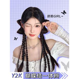 y2k假发辫子女马尾千禧辣妹蝴蝶结抓夹式双麻花拳击辫编发假马尾