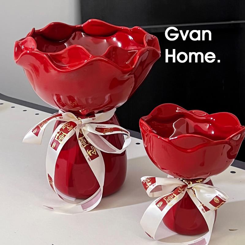 红色花瓶摆件客厅插花轻奢高级感入户门玄关摆件新婚新年礼物实用