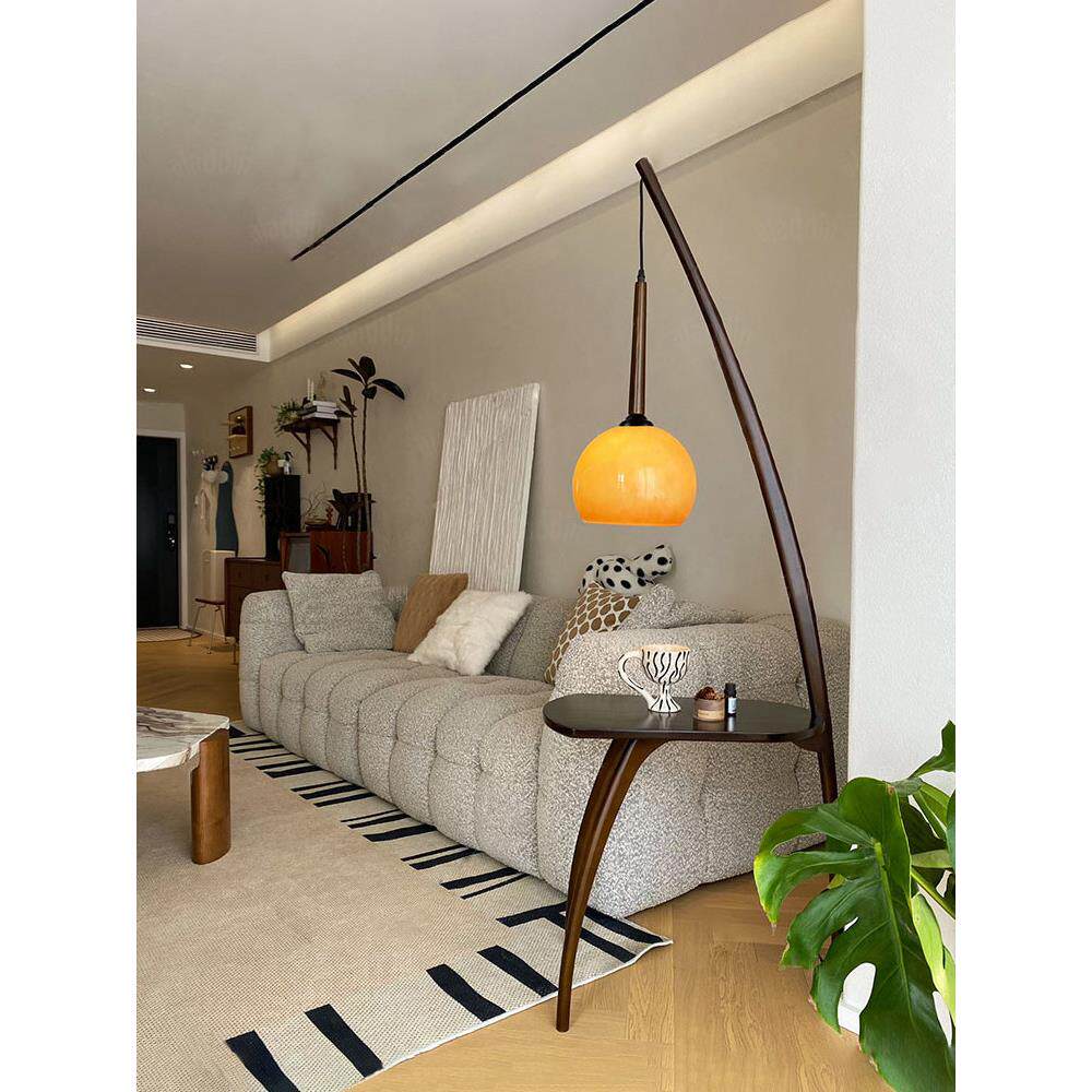 中古落地灯置物架一体实木小边几覆古高级客厅卧室钓鱼立式柚子灯