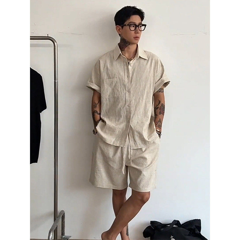 老钱风穿搭短袖棉麻衬衫套装男士夏季薄款潮牌透气亚麻短裤两件套