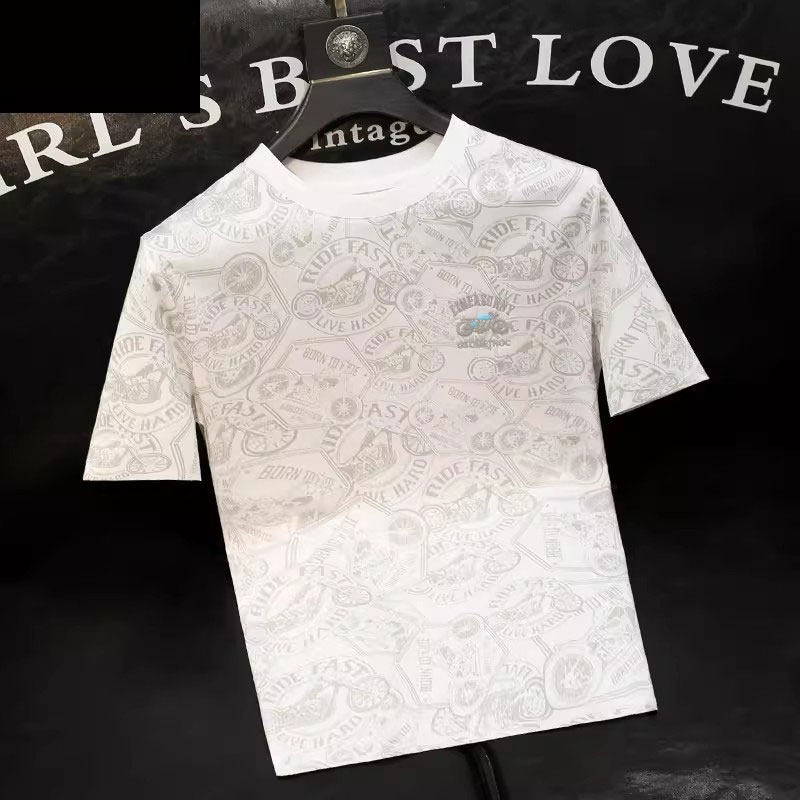 白色花纹印花圆领短袖T恤男士夏季美式潮牌痞帅青年修身休闲体恤