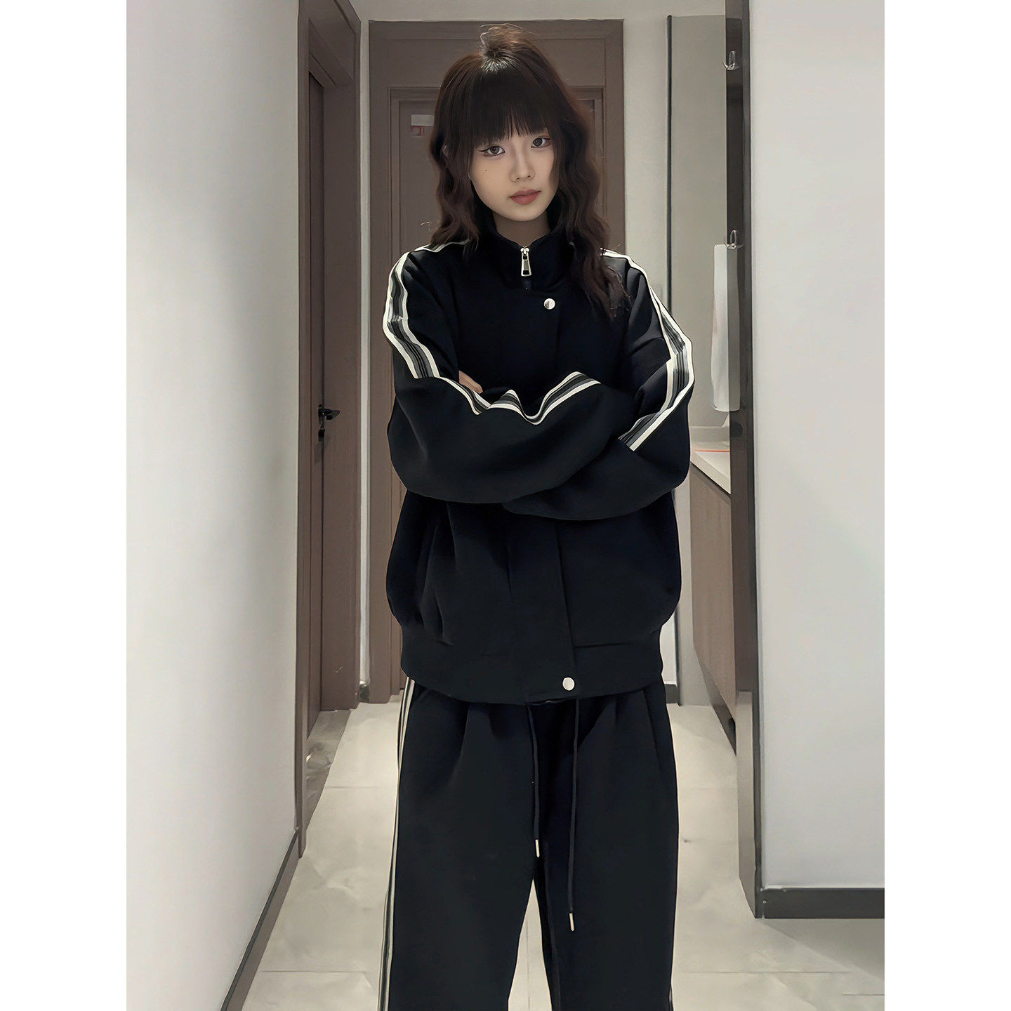 休闲运动套装男士春秋季潮牌痞帅美式条纹开衫卫衣外套穿搭两件套