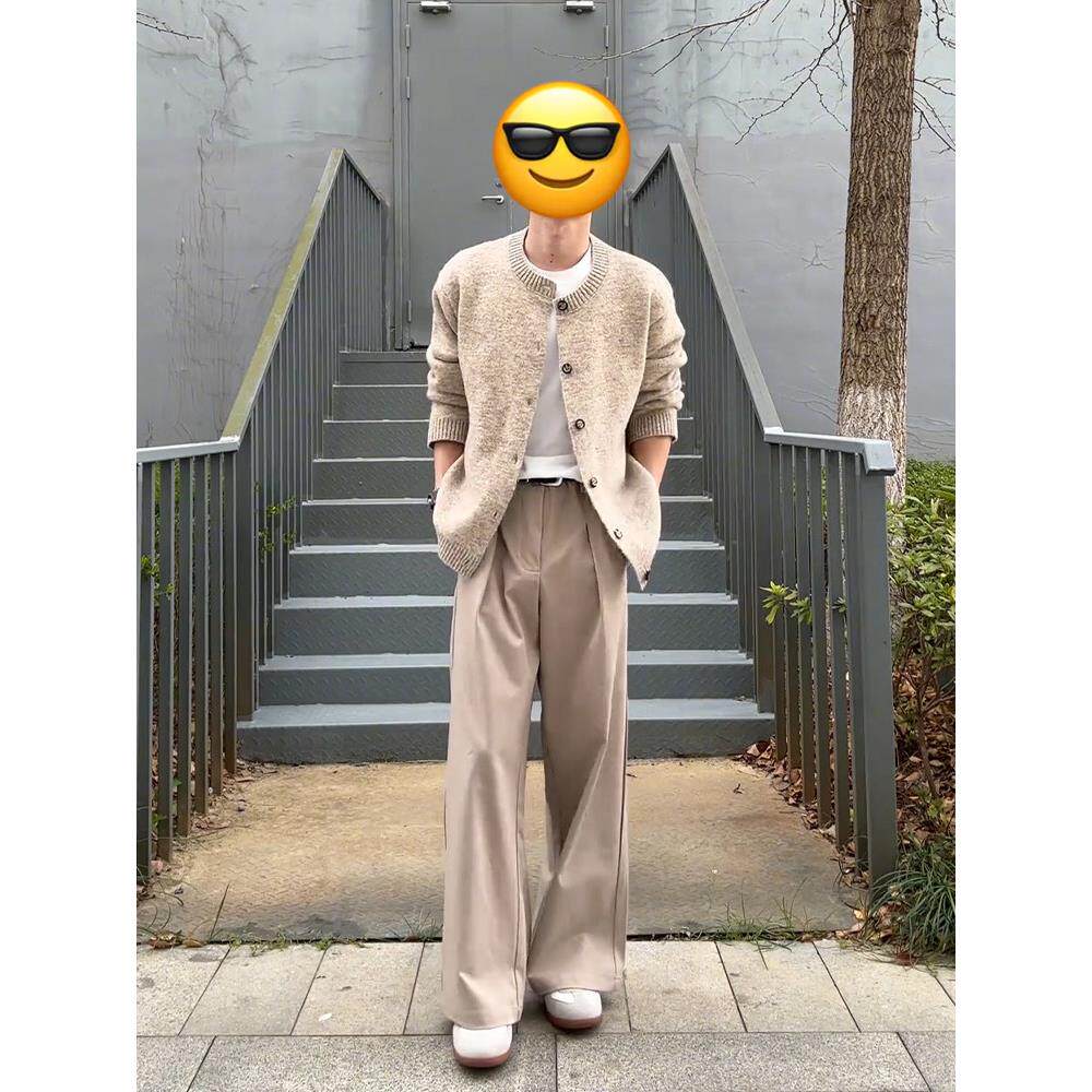 卡其色收褶A字廓形西裤男款春夏季人夫感穿搭阔腿裤高级垂感裤子