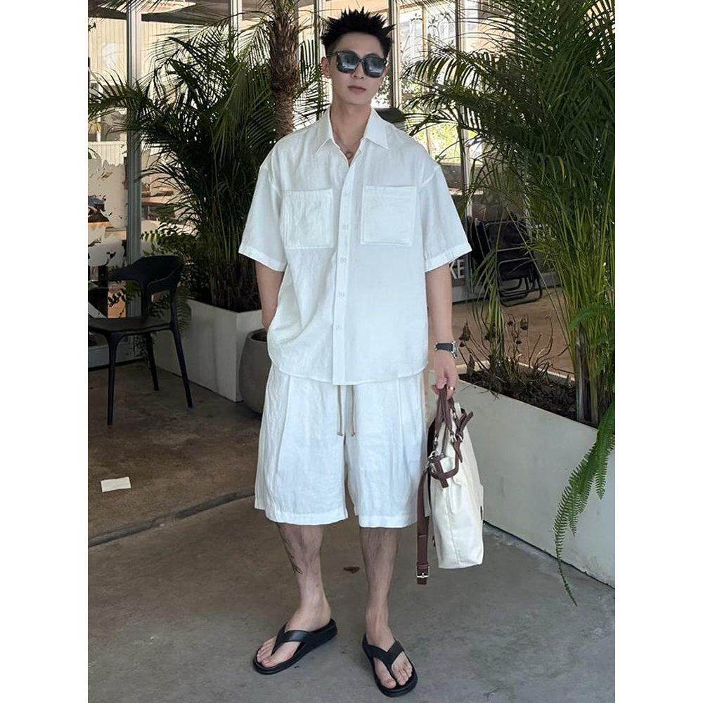 莱赛尔天丝亚麻休闲套装男士夏季老钱风高级感短袖衬衫短裤两件套