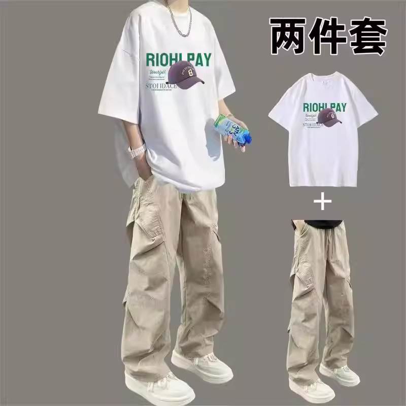休闲套装男款夏季潮牌青少年宽松短袖t恤搭配休闲工装裤帅气一套