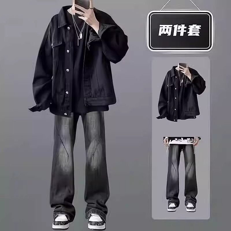 牛仔外套休闲套装男春秋季新款潮牌痞帅宽松复古日系工装穿搭一套