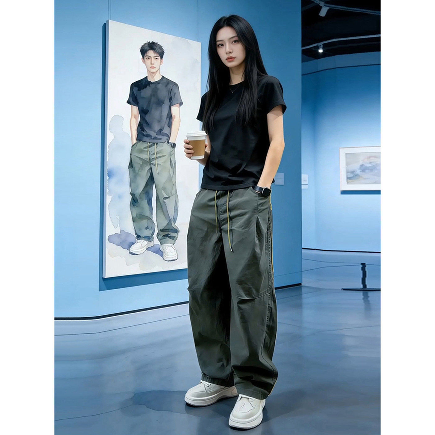 军绿色微喇工装裤男款春夏美式痞帅高级感裤子直筒宽松弯刀阔腿裤