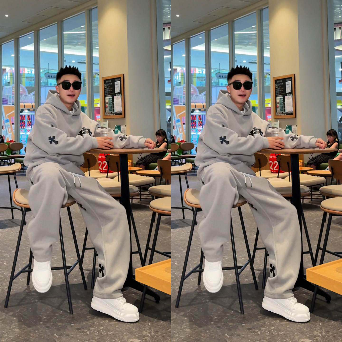 美式高街十字花设计休闲运动套装男冬季潮牌加绒连帽卫衣卫裤一套