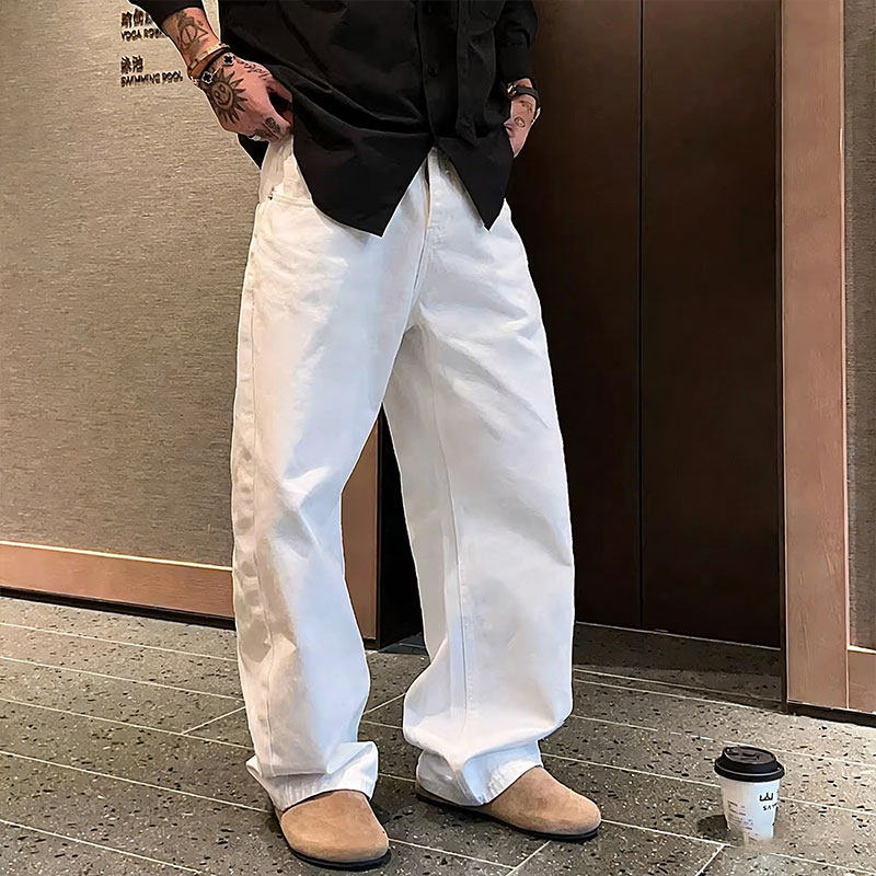 极简白色牛仔裤男士春夏季潮牌直筒宽松斜纹阔腿裤水洗百搭休闲裤