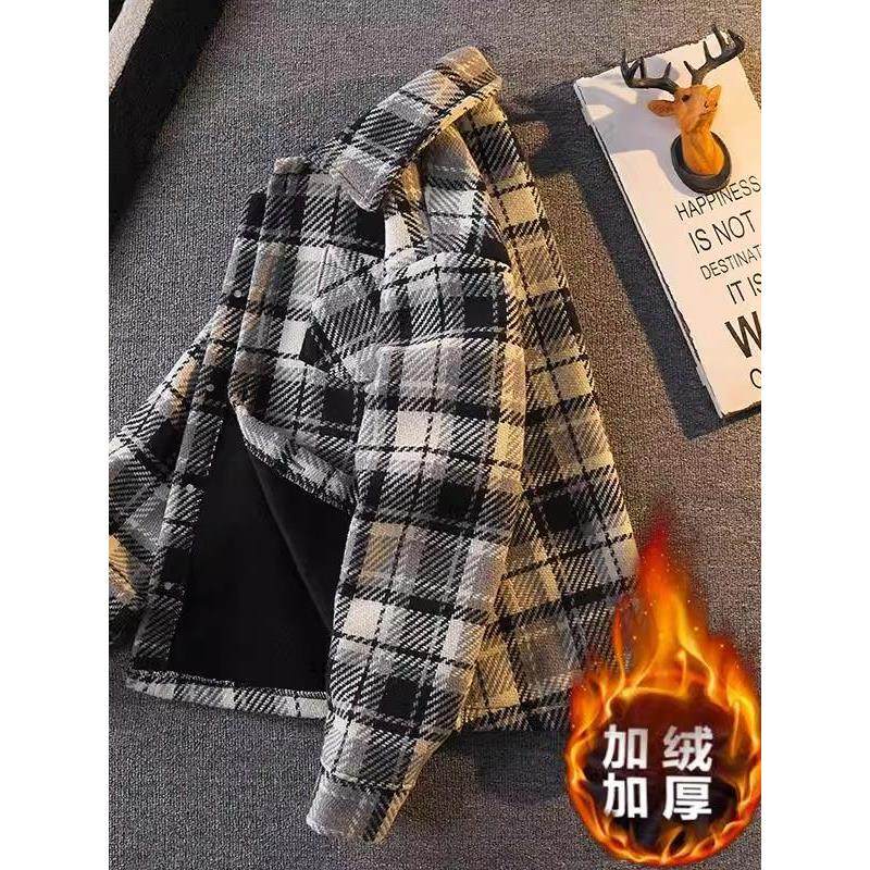 加绒小香风毛呢外套男士冬季潮牌痞帅高级感长袖格子衬衫保暖夹克