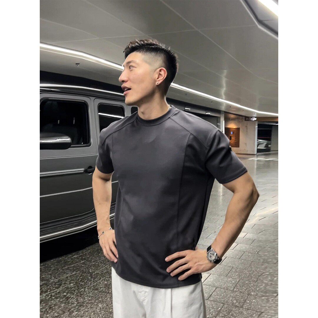 深灰色解构短袖t恤男士夏季美式重磅双肩线正肩半截袖运动上衣服