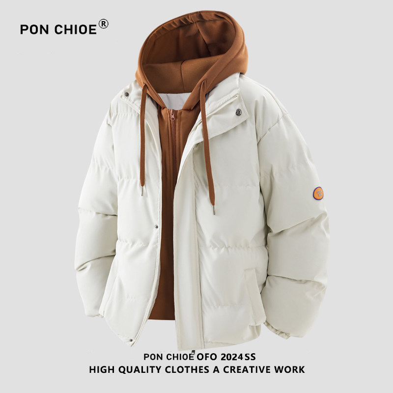 ponchioe假两件棉服男款冬季宽松休闲加厚保暖棉衣外套潮流连帽