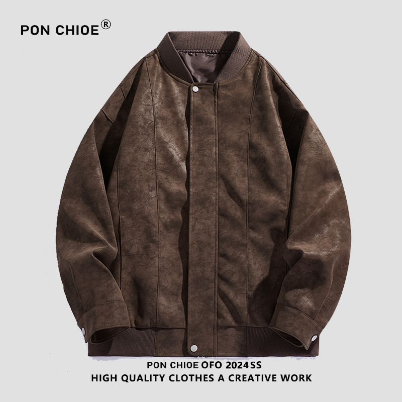 ponchioe美式重磅麂皮绒棒球服外套男女秋款空气潮牌教练夹克男