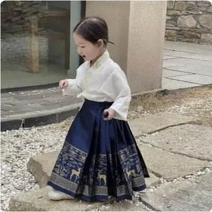 新款马面裙童装女童唐装中国风刺绣斜襟上衣传统汉服套装柔软纯色