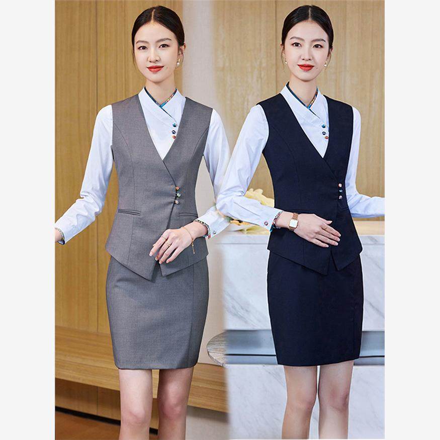 高档纯棉马甲女四季短款套装酒店职业工装背心马夹坎肩工作服