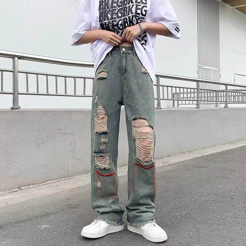 美式阔腿破洞牛仔裤男女同款春秋复古高腰直筒宽松拖地乞丐破长裤