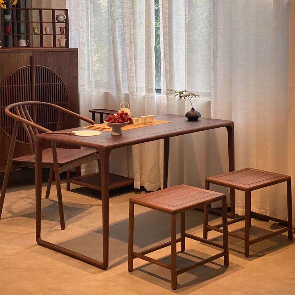 新中式阳台茶桌小型泡茶桌黑胡桃木茶桌椅组合家用实木书桌小茶台