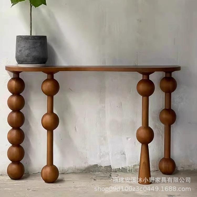 法式实木玄关台复古木质走廊条案桌高脚中古风过道桌子长条艺术桌图片