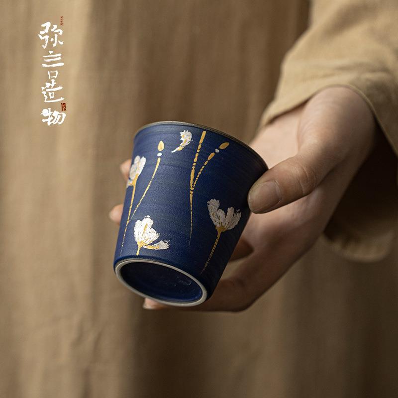 弥言克莱因蓝粉引可乐杯家用个人专用茶杯金银纯手绘格桑花主人杯