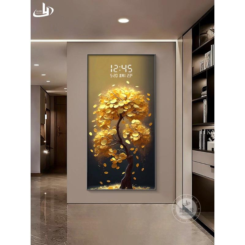 发财树入户进门玄关装饰画电子屏钟表走廊尽头挂画创意时钟壁灯画图片