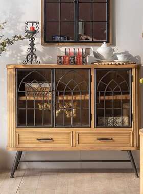 式古乡村餐边柜铁艺玻璃F-004门实木玄关美柜收柜纳酒店民复宿装