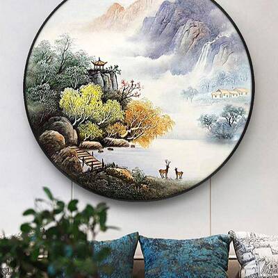 饰新中画式厅客玄关山水风景圆形装画餐厅壁画手绘油画福鹿F96MMJ