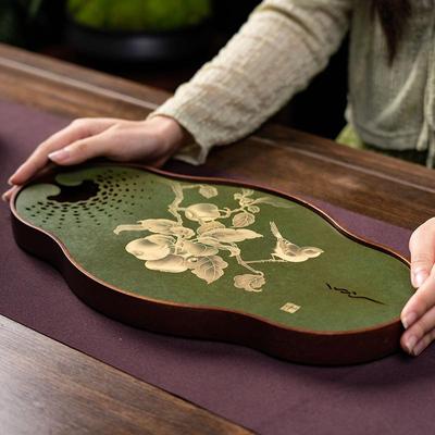 厂家画铜彩具茶盘微雕工艺10900小沥水盘家用茶盘中式储水式茶托
