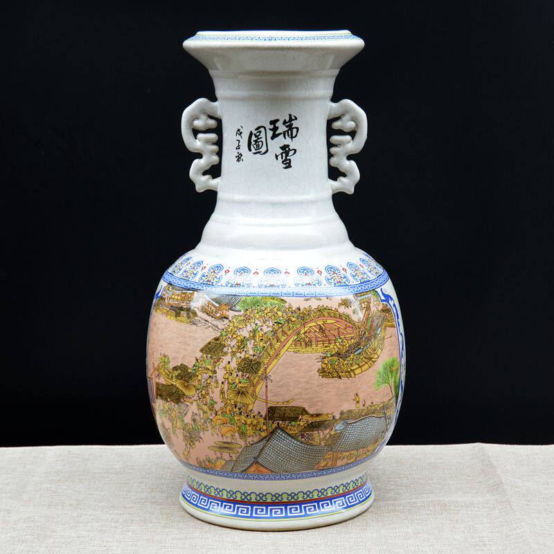 景德镇陶瓷器 仿古花瓶 高档官窑开片裂纹釉新古典客厅装饰品摆件
