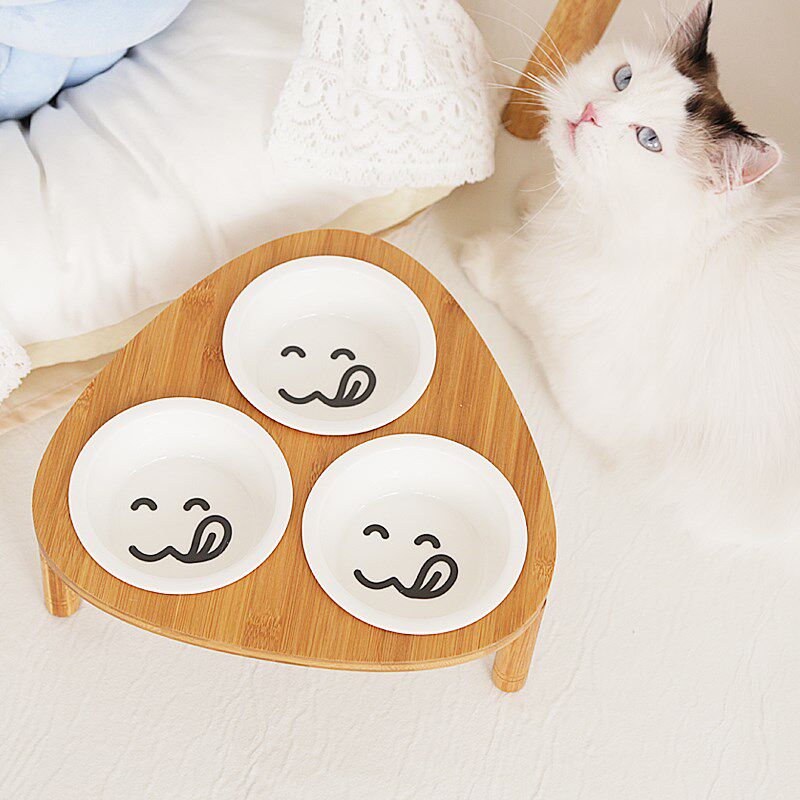 肥喵日记竹板三角立架陶瓷三碗餐桌饭桌宠物猫咪狗狗碗架多用饭碗