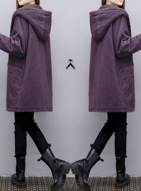 2025冬季保暖连帽紫色棉衣中长款宽松复古全棉灯芯绒棉服外套女装