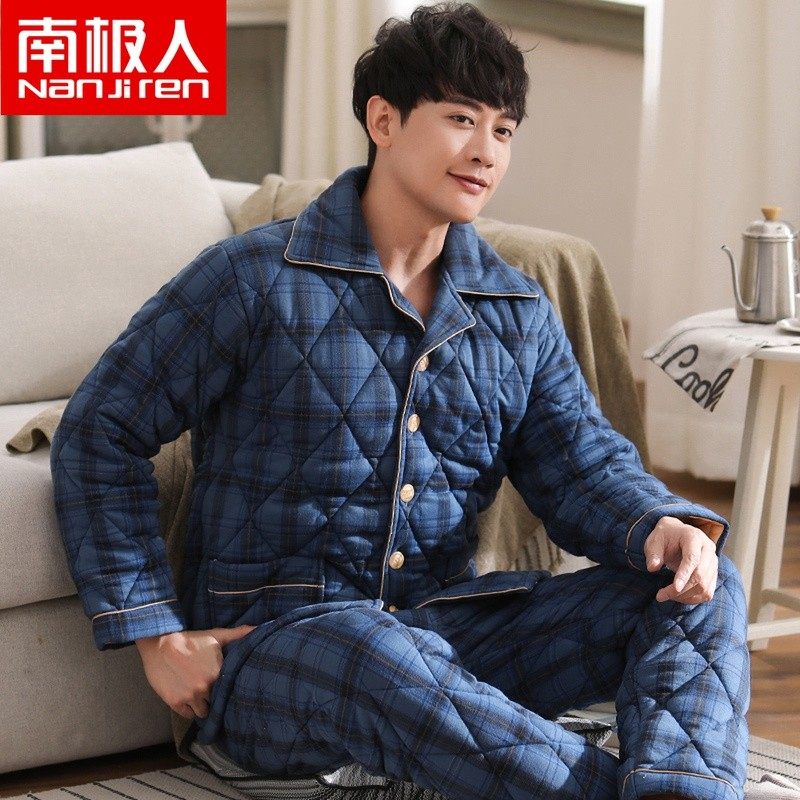 冬季男士睡衣秋冬款纯棉三层夹棉加厚加棉保暖中年爸爸家居服套装