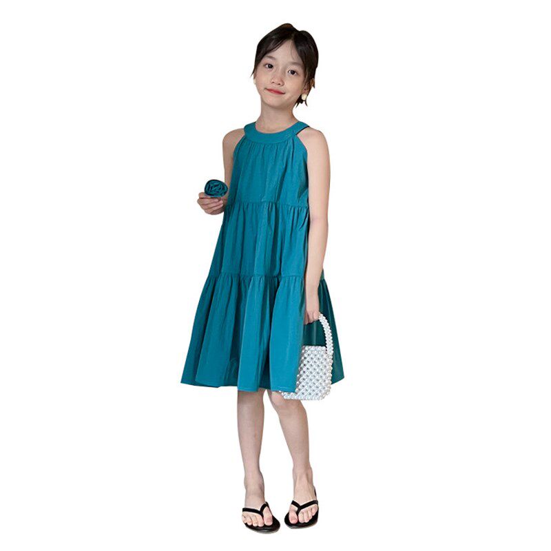 女童连衣裙无袖纯棉挂脖露肩公主裙2024新款洋气中大童夏装棉布裙