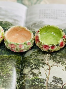 瓷蓓手捏造景花碗陶瓷高温釉下绣球花小碟收纳小花盆乔迁新居礼物