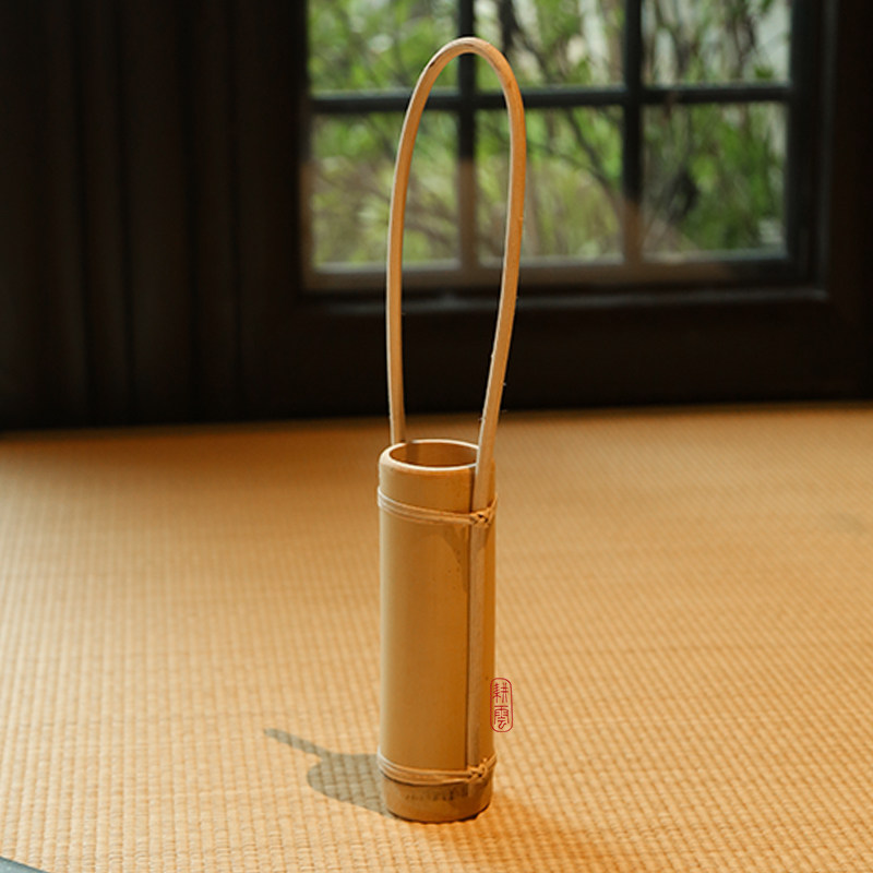 日式原竹花器可蓄水竹筒花筒插花花器可挂墙摆放复古竹制花道配件